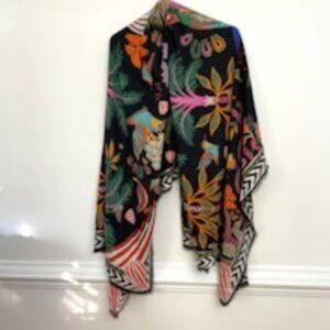 Wild Scarf Sarong Wrap Birds Black & Multicolor Colorful Fringe Rainforest Artsy